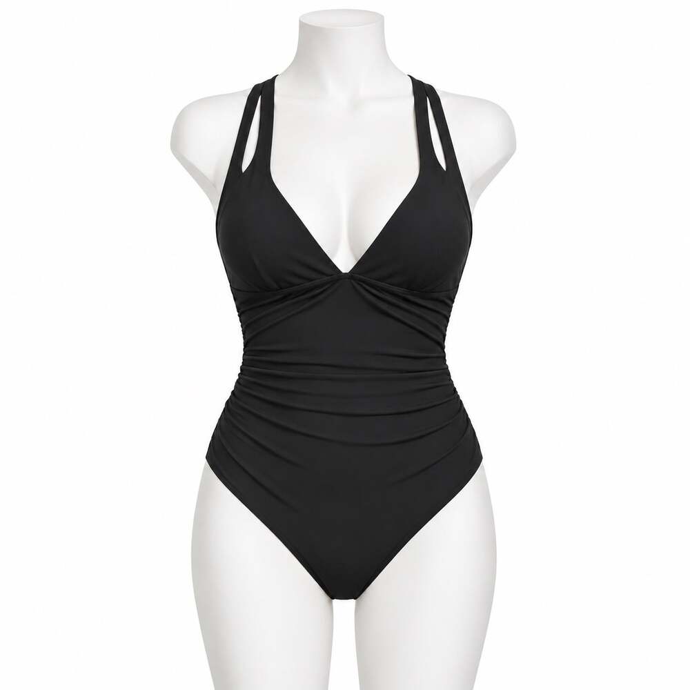 Cupshe Women One Piece Swimsuit Size XS Black Ruched V Neck Cross Back Tie NWT